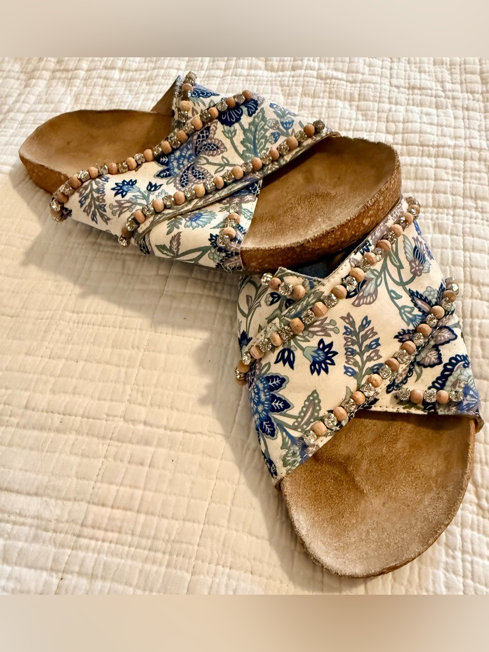 Anthropologie Floral Beaded Crisscross Slide Sandals Size 39 Boho Cottagecore